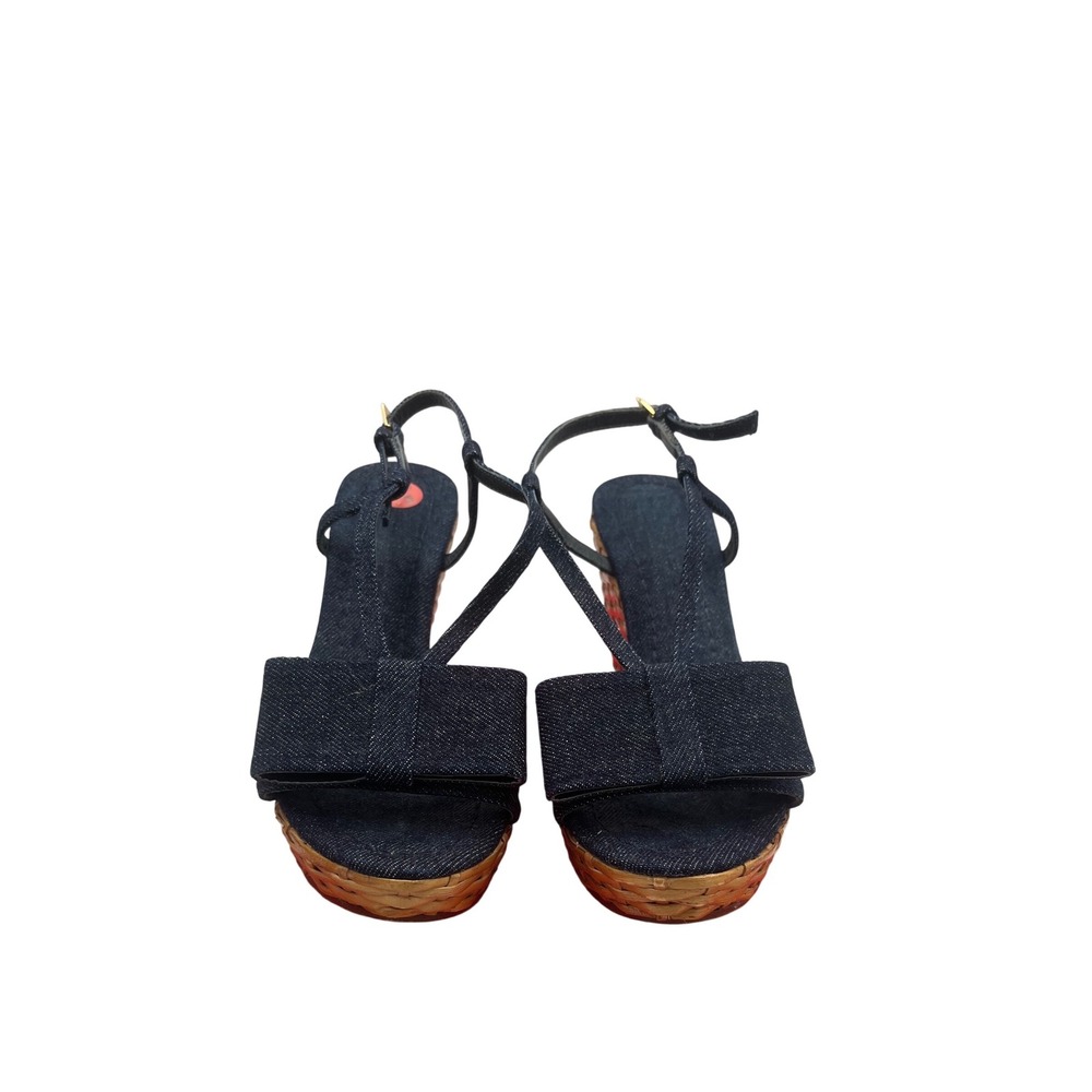 Kate Spade New York Denim Wicker Wedge Sandals Bow T-Strap Blue Womens Size 6.5